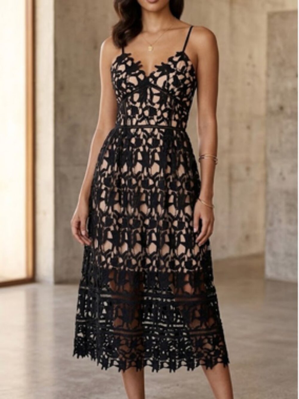 Self-Portrait? Black Sleeveless Cocktail Dress with Crochet Overlay Small (2-4)